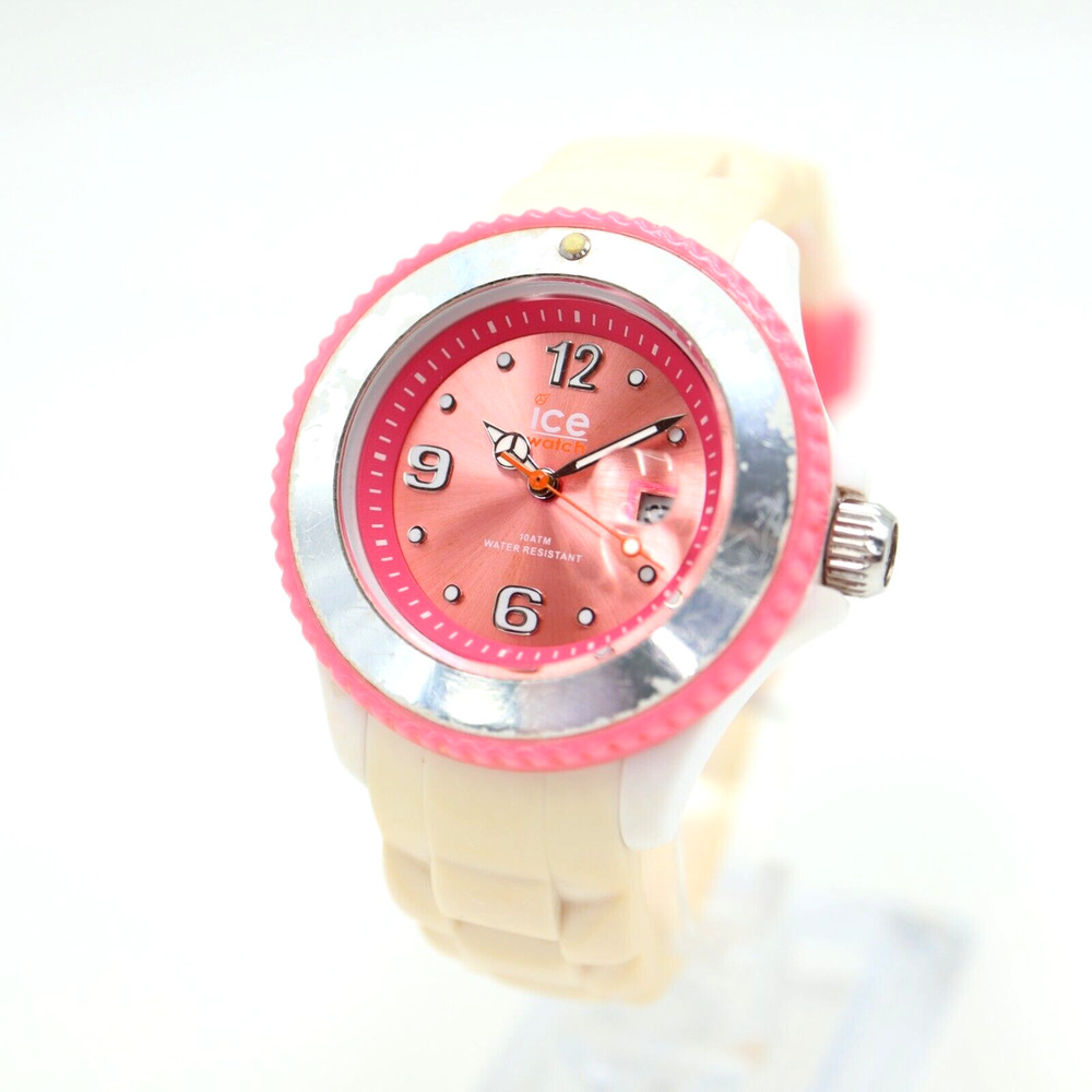 Ice Watch Women's Diver 36mm Pink Date Dial White Silicone Strap w New Battery